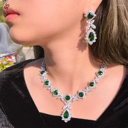 Necklace Earrings Set Flower Zircon Jewellery Emerald Chain Wedding Dress Accessories Copper No Allergic For Women's Fashion