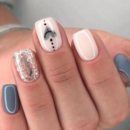 False Nails 24pcs Ins Love Eye Printed Fake Sparkling Champagne Powder Design Artificial Acrylic Blue Short Coffin