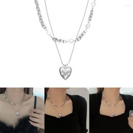 Pendant Necklaces E0BE Stackable Preal Heart Necklace Personality Double Layer Chain Choker Jewelry Y2K Statement Ornament For Women