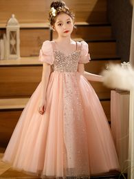 2023 shiny Pink Flower Girl Dresses sequined bling Ruffles Hand made Flowers Lace Tutu Vintage Little Baby birthday Gowns Communion Boho Wedding bridesmaid dress