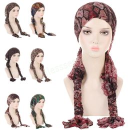 Indian Printed Muslim Women Hijab Pre-Tied Long Tail Braids Chemo Cap Beanies Turban Hair Loss Hat Underscarf Arab Headwear Wrap