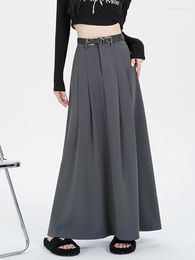 Skirts TIGENA Elegant Maxi Suit Skirt For Women 2023 Office Lady Solid A Line Belt High Waist Pleated Long Female Black Gray