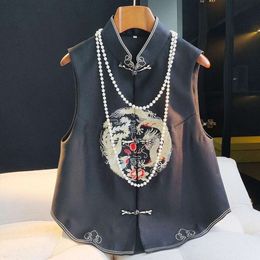 Black Embroidered Dragon Vest Chinese Style Autumn Sleeveless Tang Suit