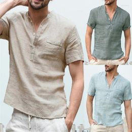 Men's Casual Shirts Summer Short Sleeved Linen Hip T Shirt With Stand Up Collar Soild Buiness Top