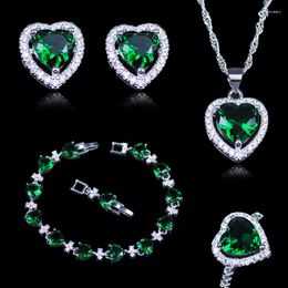 Necklace Earrings Set Fashion Korean Ladies Style Cubic Zirconia Silver 925 Costume Jewelry 4PCS Green White Crystal Stone Sets For Women &