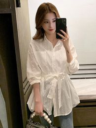 Women's Blouses Cotton Tunic Long Sleeve Shirt Women Elegant Youth Korean Lace-Up Slim Hollow Out White Top See-Through Clothes 2023