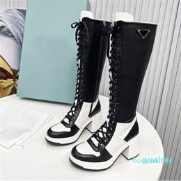 Designer -Boots Women Luxury Calfskin Fashion High Heel Lace-Up Boot Winter Motorcycle Knee Boots