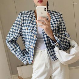 Women's Jackets Vintage Short Slim Women Fall Korean Elegance V-neck Loose OL Cropped Female's Coats Casual Houndstooth Outwear Tops