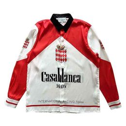 Casablanca red and white stitching design satin white loose long sleeve shirt quality Shirts Top thin t-shirts177A