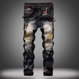 Jeans men's trendy street style embroidered wings with holes in denim pants