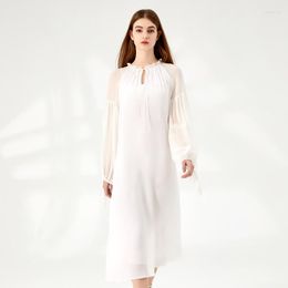 Casual Dresses Love Mulberry Silk White Edge V-neck Splicing Georgette Lantern Long Sleeve Loose Waist Elegant Dress AY223