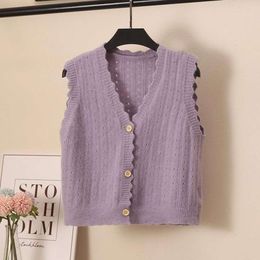 Autumn V Neck Knitted Vest Womens Loose Western Style All Matching Sleeveless Hollowed Out Sweater