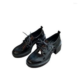 Dress Shoes British Small Leather Women's Spring And Autumn Block Heel Mid-heel Lace-up Loafers Single