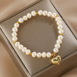 Natural Pearl Bracelet Women Elegant Sweet Love Heart Charm Beaded Bracelets Women Girls Fashion Jewellery