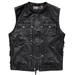 Men's Vests Genuine Leather Motorcycle Chain Vest For Man 5XL Natural Sheepskin Waistcoat American Team Clubwear Dress Summer 230909