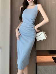 Casual Dresses Korean Fashion Women Summer Elegant Dress Strap Slim Bodycon Party Sexy Satin Vestidos Female Blue Black Robe Mujers Clothes