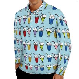 Men's Polos Ice Sundaes Polo Shirts Spring Cartoon Print Casual Shirt Long Sleeve Turn Down Collar Trendy Pattern Oversized T-Shirts