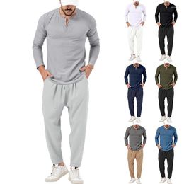 Men's Tracksuits Autumn Solid Colour Casual Long Sleeve Henry T-shirt Pants Set Fashion Clothing