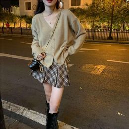 Two Piece Dress Vintage Y2K Girls Autumn Plaid Skirt Pieces Set Women's Knitted V Neck Long Sleeve Cardigan Tops And Mini A-line Skirts Suit