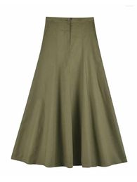 Skirts 2023 Summer Women's Fashion Army Green Midi Dress Vintage High Waist Zipper Side Pocket Halflength