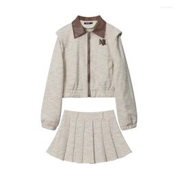 Two Piece Dress Vintage Women Y2K Loose Lapel Zipper Jackets Mini A-line Skirts Suits Sweet Girls Long Sleeve Coat High Waist 2 Set