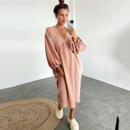 Casual Dresses Chic Cotton Muslin Lantern Sleeve Dress Women Loose Sexy V-Neck Spring Summer White Derss Elegant Robe Vestido Mujer