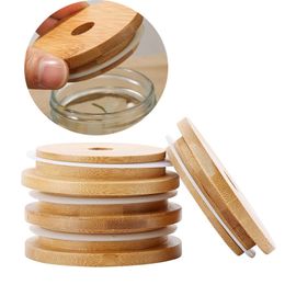 Bamboo Cap Lids Reusable Wooden Mason Jar Lid Sealing Caps With Straw Hole And Silicone Seal