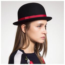 Berets Women Black Wool Felt Bowler Hat For Lady Satin Lined Fascinator Party Formal Fedora Costume Magician Cap