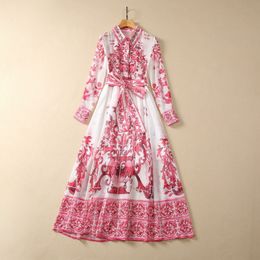 2023 Blue / Red and White Porcelain Belted Chiffon Dress Long Sleeve Lapel Neck Paisley Print Rhinestone Midi Casual Dresses S3Q060705