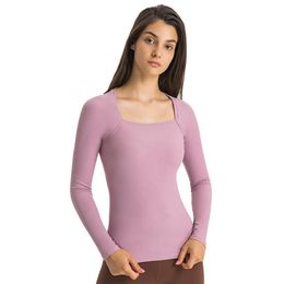 L-203 Ribbed Long Sleeve Shirt Tight Fit Elastic Yoga T Shirts Fitness Sports Tops Stretchy Skin-Friendly T-Shirt Women Top for On224D