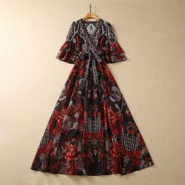 2023 Red Floral Print Belted Chiffon Dress 3/4 Sleeve V-Neck Rhinestone Long Maxi Casual Dresses S3W090505