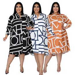 Women Plus Size Dress Print Full Sleeve Single Breasted Loose Straight Knee Length Dresses Fashion Casual Outfit Summer