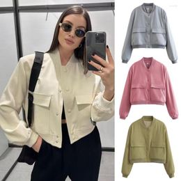 Women's Jackets Women Fall Winter Coat Stand Collar Multi Pockets Solid Color Long Sleeve Single-breasted Elastic Cuff Lady Baseball Jacket