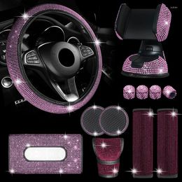 Steering Wheel Covers 12Pcs Rhinestone Car Cover Gear Shift Shoulder Pad Tissue Box Bling Accessories Set For Women