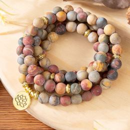 Beaded Mg1347 Natural Matte Picasso Jasper 108 Mala Bracelet Lotus Charm Yoga 4 Wrap Meditation Spiritual Jewellery Drop Delive Dhgarden Dhqyd