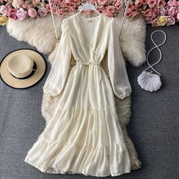 Casual Dresses 2023 Sweet Summer Dress Women V-neck Hollow Out Sundress Long Sleeve Vestidos Female High Waist Elegant Chiffon