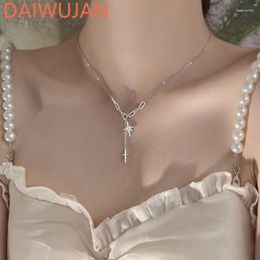 Pendant Necklaces Silver Cross Necklace For Women Octagonal Star Stitching Clavicle Chain Ladies Summer Vintage Party Jewellery 2023 Fashion