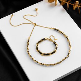 Necklace Earrings Set 316L Stainless Steel Fashion Woman Korean Black Belt Golden Weave Jewelry High-end Light Luxury Party Accessores