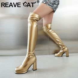 Boots REAVE CAT Fashion Thigh Round Toe Block Heels 85cm Platform Zipper Plus Size 47 48 Sexy Party Ladies Stretch Booties 230911