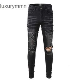 Denim Amiryes Jeans Designer Pants Man Mens Jean New US casual hip hop high street worn out and washed splash ink Colour painting slim fitting jeans men's #844 8X7Y