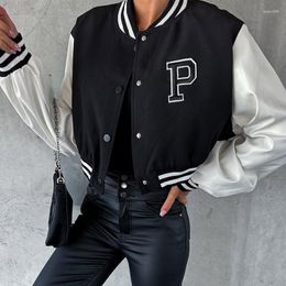 Women's Jackets Retro Long Sleeve Outwear Fall Fashion Letter Colour Block Street Motorcycle Jacket Casual Lady O Neck Single Breasted Short