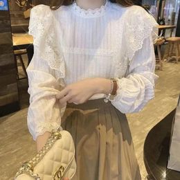 Women's Blouses EWSFV 2023 Winter Small And Fresh Stand Collar Stripe Lace Splicing Long-sleeve Shirt Fashionable Ladies Tops