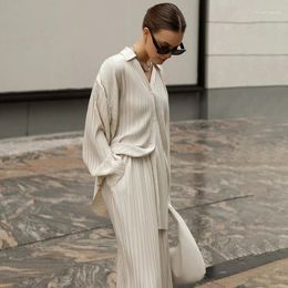 Women's Sleepwear Fashion Long Sleeve Pijamas Women Two Peice Sets Casual Loose Slit Wide Trouser Suits Elegant White Pleated Female Set