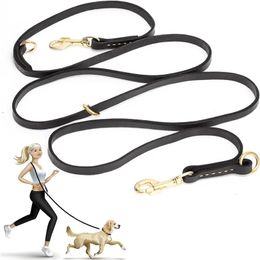 Dog Collars Leashes Multi-functional Dog Leash Strong and Soft Real Leather Dog Leash Adjustable Hands Free Crossbody Double Dog Leash for All Dogs 230911