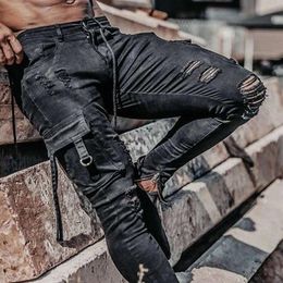 Men's Jeans Men Drawstring High Waist Desighner Jean Pants Summer Mens Clothing Biker Straight Denim Washed Hole Pant Trouser201W