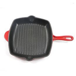 Pans 28CM Red Black Cast Iron Enamel Single Handle Square Steak Frying Pan Flat Bottomed Striped Barbecue Pot Rust Resistant