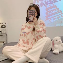 Women's Sleepwear 2023 Winter Long Sleeve Thick Warm Flannel Pajama Sets For Women Korean Cute Cartoon Coral Velvet Homewear Clothes