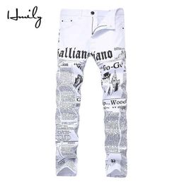HMILY High Street Fashion Mens Jeans Night Club White Color Personal Designer Printed Jeans Men Punk Pants Skinny Hip Hop Jeans X0307P