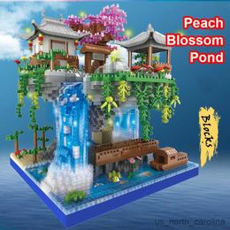 Blocks Garden Temple Pavilion Island Waterfall LED Light Diamond Blocks Model Toy For Kids toys R230911