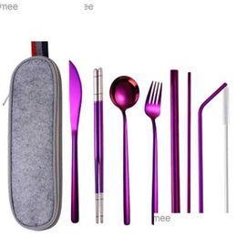 Flatware Sets 5/9Pcs Dinnerware Set Stainless Steel Gold Purple Chopsticks St Knife Fork Spoon Cutlery Western Food Cam Tableware Bag Dhift